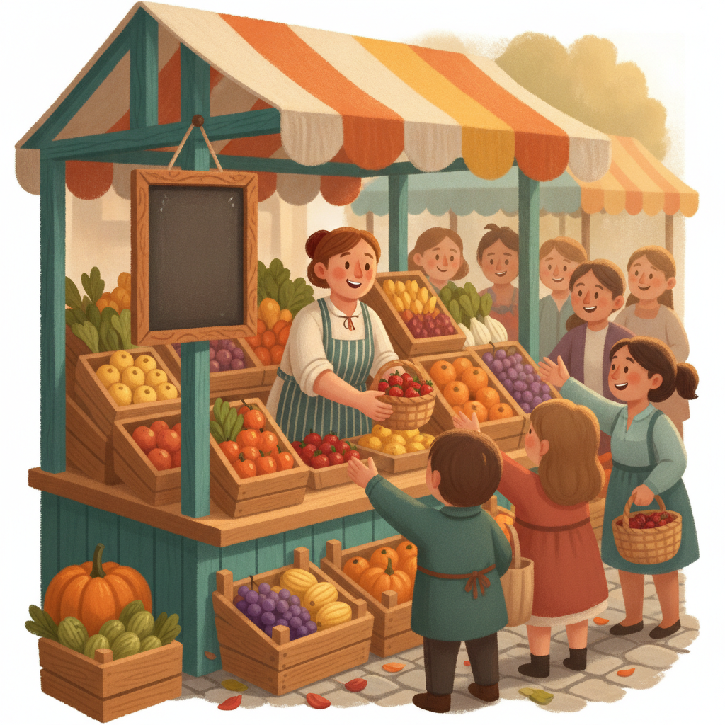 A busy market stall with a seller offering a basket of strawberries to eager customers