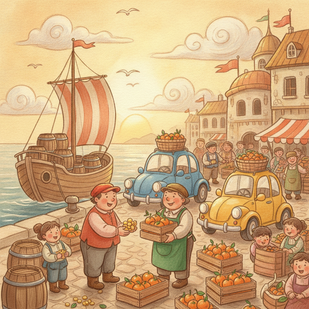A harbour trade scene with a cargo ship, crates of oranges, little cars and gold coins changing hands