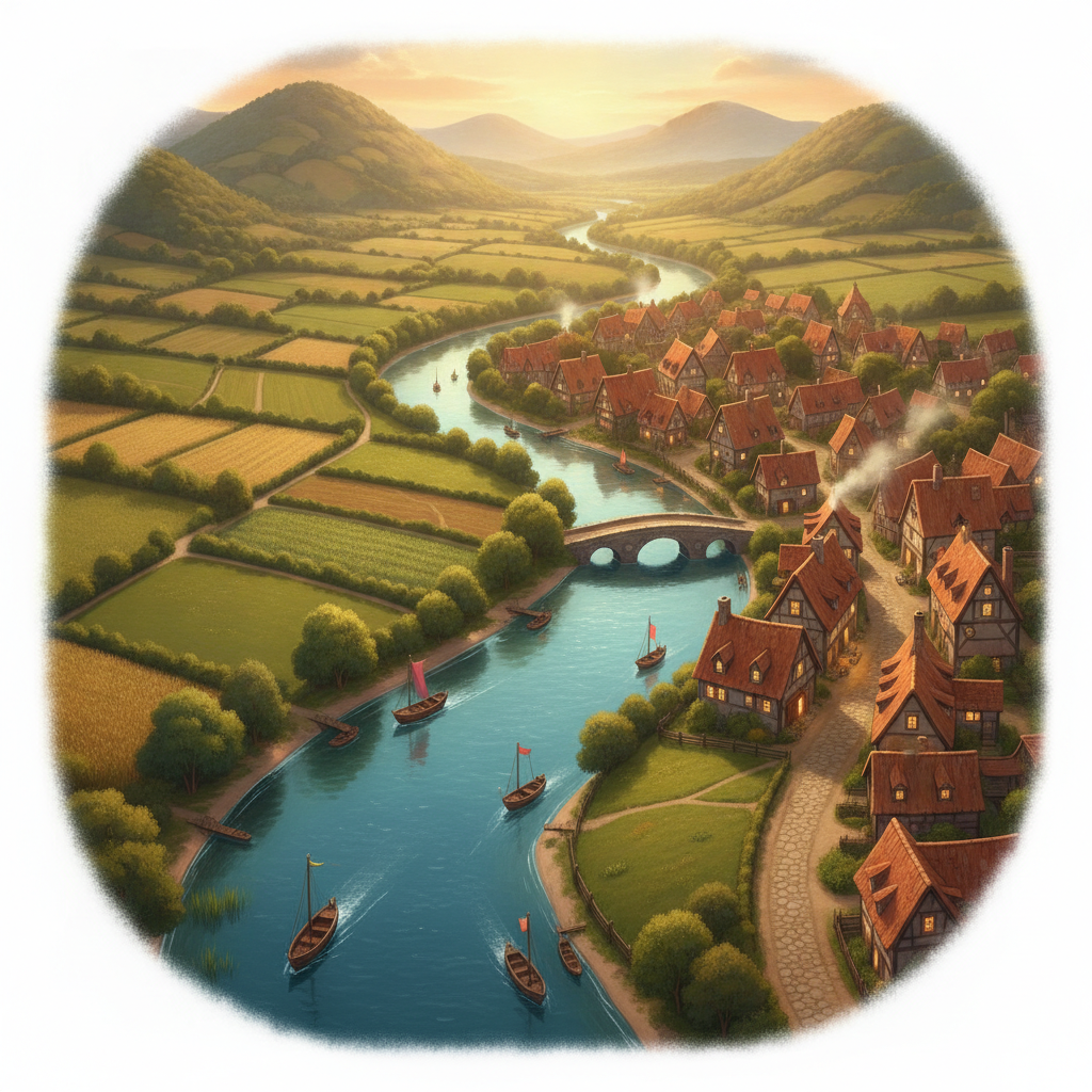 An aerial view of a small town where a winding river meets flat farmland, with hills behind