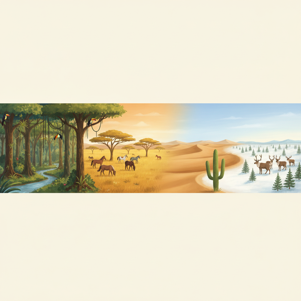 A single panorama transitioning from tropical rainforest through grassland with horses and desert to snowy tundra