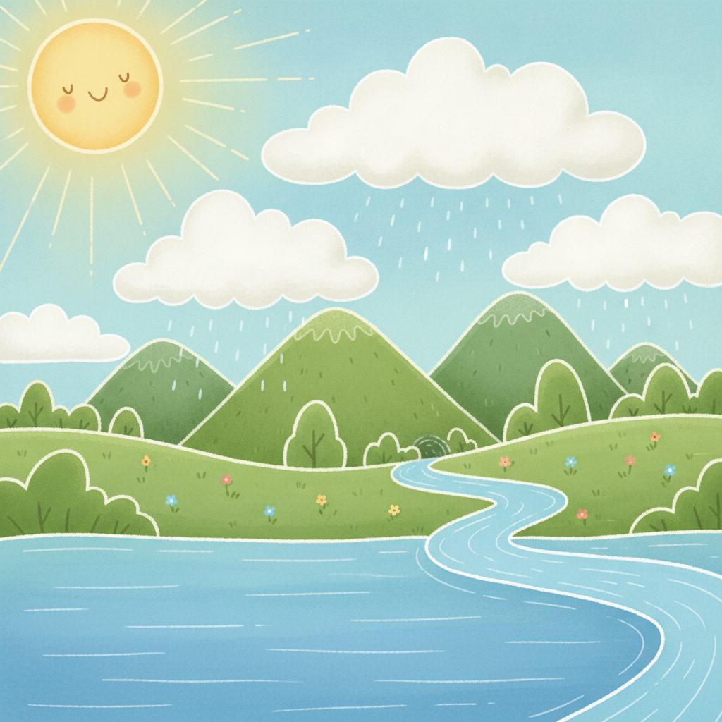 A landscape showing the water cycle: sun over the sea, clouds, rain over mountains, and a river winding to the sea