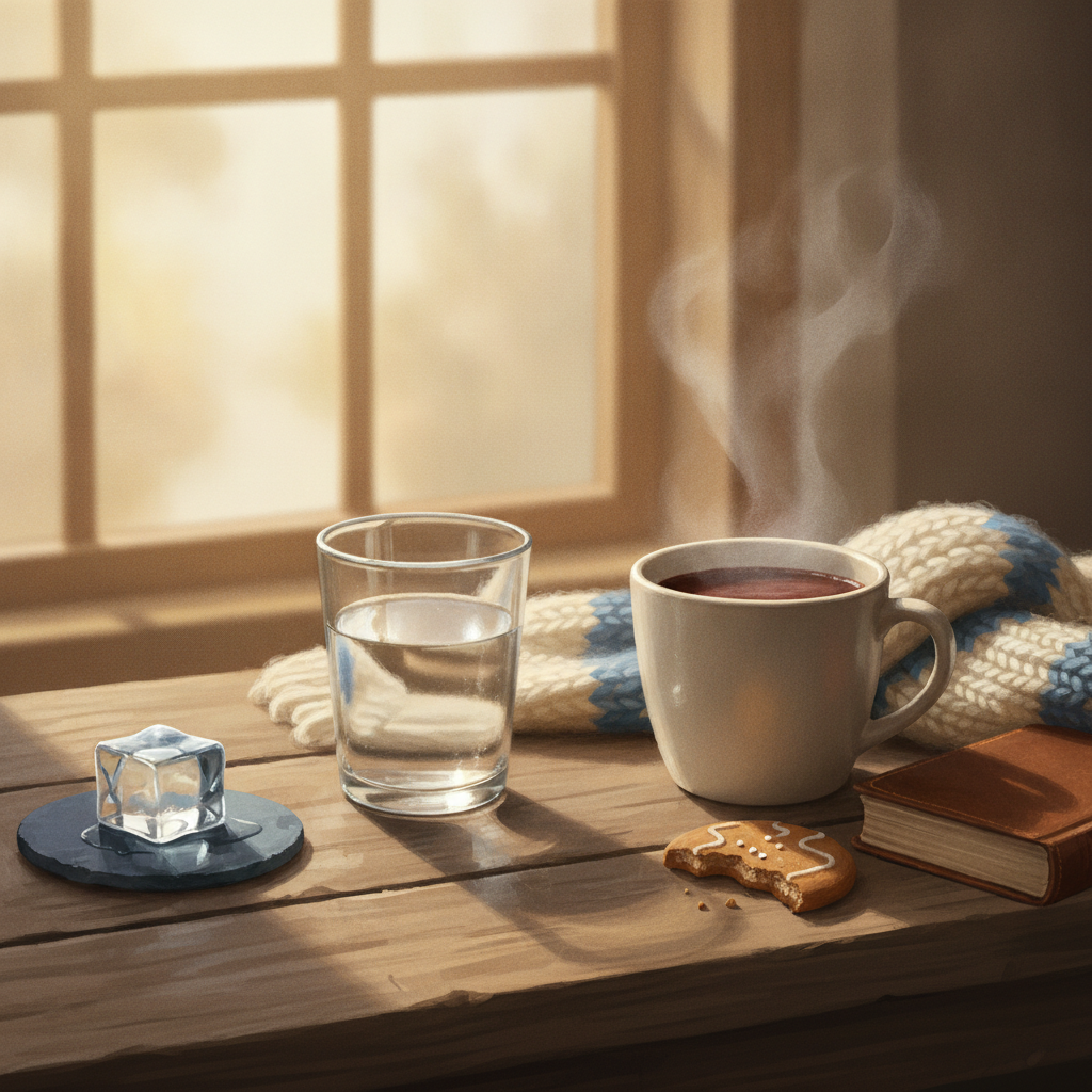 Ice, a glass of water and a steaming mug of cocoa showing the three states of water