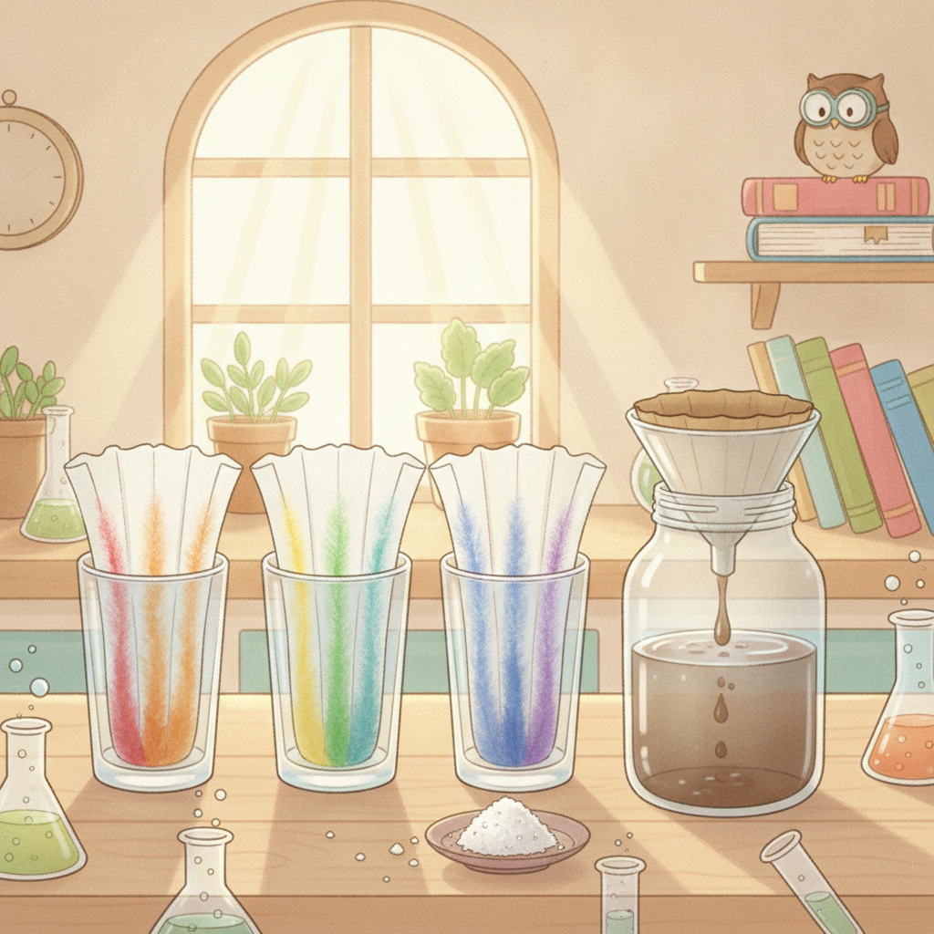 Kitchen science: ink spreading up filter-paper strips in glasses, salt crystals, and a funnel filtering muddy water
