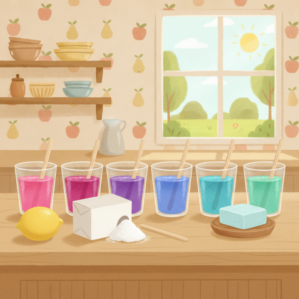 Cups of red-cabbage juice in pink-to-blue-green colours with a lemon, baking soda and a bar of soap